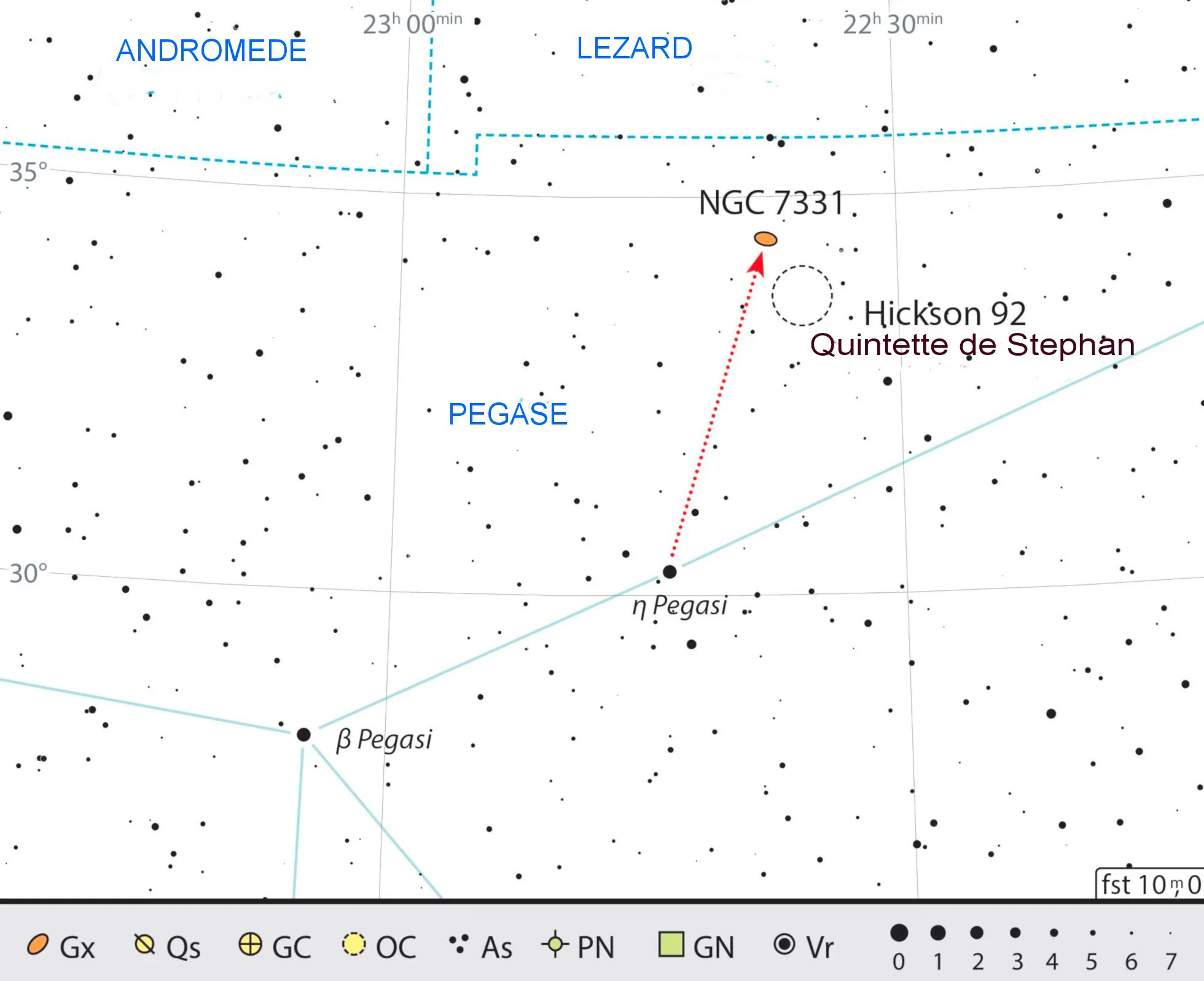 Carte de recherche pour NGC 7331 et le groupe de galaxies Hickson 92 situé au sud-sud-ouest de celle-ci. J. Scholten